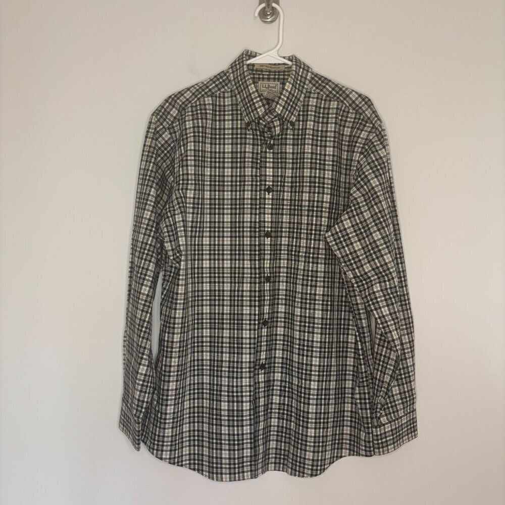 LL BEAN Button Down Shirt Men's Medium Wrinkle Resistant Black Ivory Dress